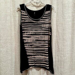 Edista Black & Beige Embellished Graphic Long Tank Top Medium